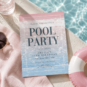 Modern Beach Pink and Blue Photo Pool Party Invitation