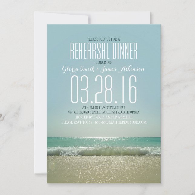 Modern beach rehearsal dinner invitations with sea (Front)