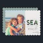 Modern Beach Sea Greetings Aqua Christmas Photo  Holiday Card<br><div class="desc">A modern holiday card with a simple minimal message that reads "sea greetings" with palms combined with handwritten typography. Personalise with your names and favourite picture.  

Image by Vitolda Klein on Unsplash</div>