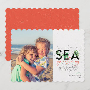 Modern Beach Sea Greetings Coral Christmas Photo Holiday Card