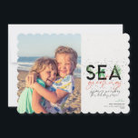 Modern Beach Sea Greetings Coral Christmas Photo Holiday Card<br><div class="desc">A modern holiday card with a simple minimal message that reads "sea greetings" with palms combined with handwritten typography. Personalise with your names and favourite picture.  

Image by Vitolda Klein on Unsplash</div>