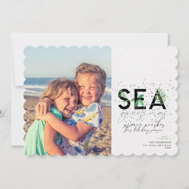 Modern Beach Sea Greetings Green Christmas Photo Holiday Card (Front)