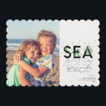 Modern Beach Sea Greetings Green Christmas Photo Holiday Card<br><div class="desc">A modern holiday card with a simple minimal message that reads "sea greetings" with palms combined with handwritten typography. Personalise with your names and favourite picture.  

Image by Vitolda Klein on Unsplash</div>