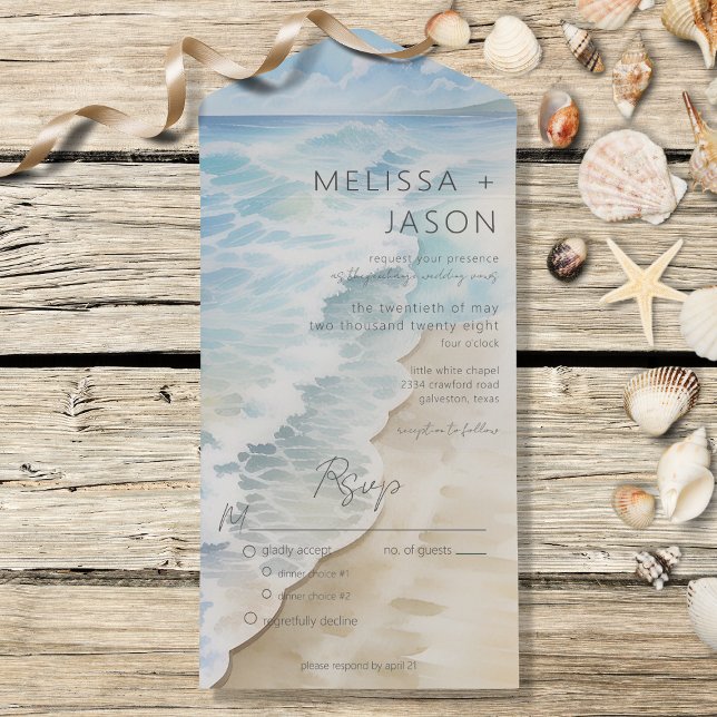 Modern Beach Shoreline Coastal Dinner All In One Invitation (Also available with a QR code or without dinner selection options.)