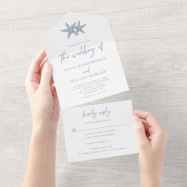 Modern Beach Starfish Wedding Dusty Blue All In One Invitation (Tearaway)