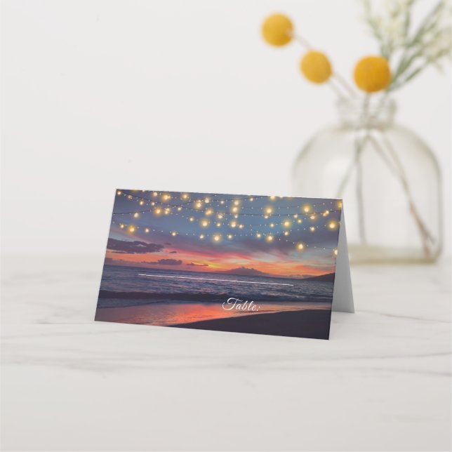 Modern Beach String Lights Summer Wedding Place Card (Front)
