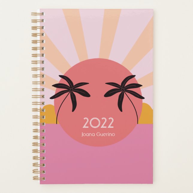Modern beach sunrise palm tree pink 2025 planner (Front)