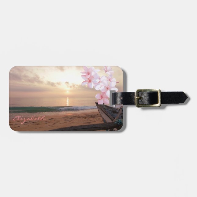 Modern Beach,Sunset,Plumeria Luggage Tag (Front Horizontal)