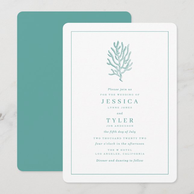 Modern Beach Teal Coral Coastal Wedding Invitation (Front/Back)