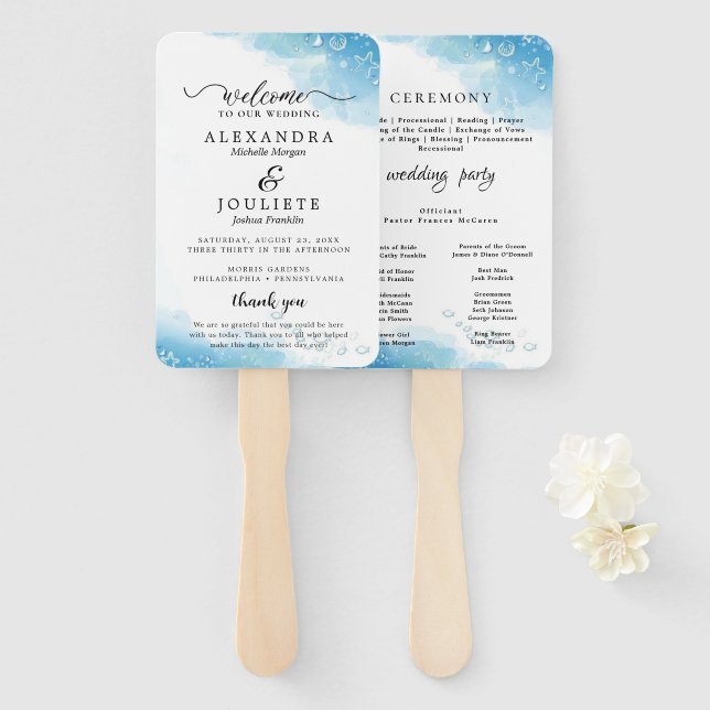 Modern BEACH | Teal Wedding Program Hand Fan (Front and Back)