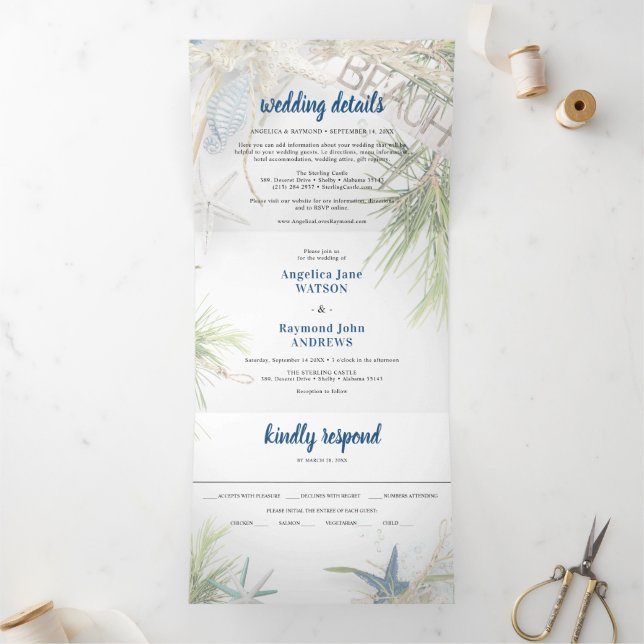Modern Beach Theme Wedding  Tri-Fold Invitation (Inside)