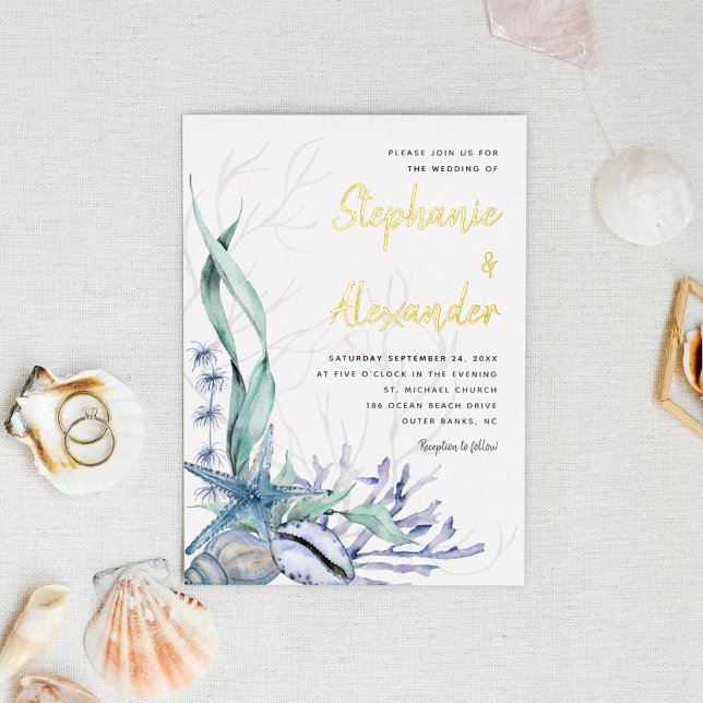 Modern Beach Watercolor Blue Shells Wedding Gold (Creator Uploaded)