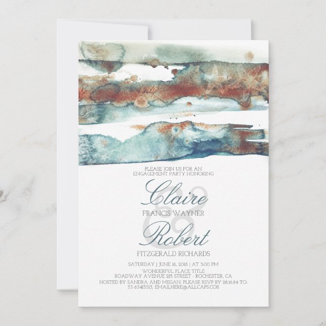 Modern Beach Watercolor Splash Engagement Party Invitation (Front)