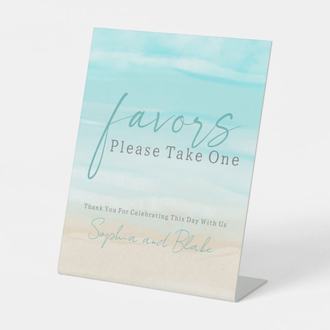 Modern Beach Wedding Favours Pedestal Sign (Front)