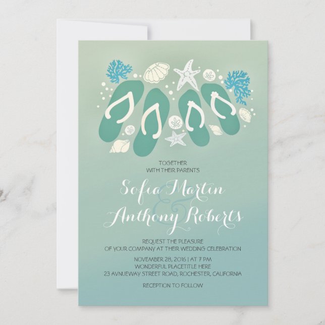 modern beach wedding invitation with flip flops (Front)