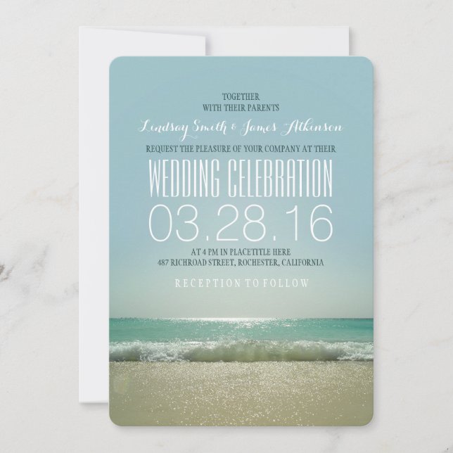 Modern beach wedding invitations with teal sea (Front)