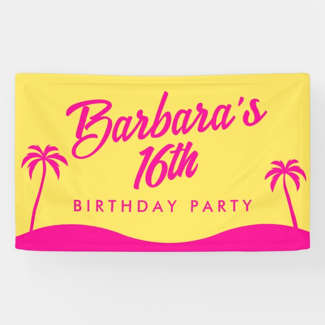 Modern Beach Yellow Pink Script 16th Birthday Banner (Horizontal)