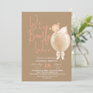  Modern Bear Balloon Girl Baby Shower Invitation