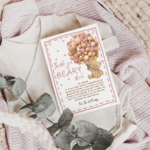 Modern Bear Balloons Bearly Wait Pink Baby Shower Thank You Card