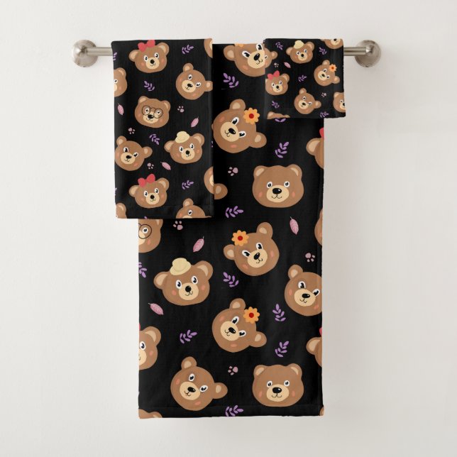 Modern Bear Faces on Black Bath Towel Set (Insitu)