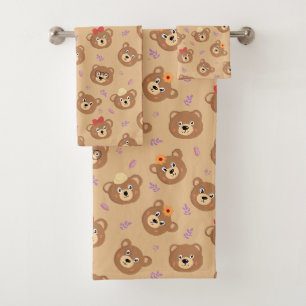 Modern Bear Faces on Light Beige Bath Towel Set