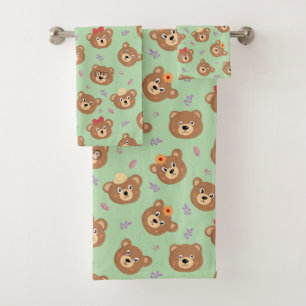 Modern Bear Faces on Soft Sage Green Bath Towel Set