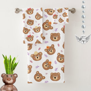 Modern Bear Faces on White Bath Towel Set