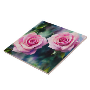 Modern Beautiful Watercolor Pink Roses Collection Tile
