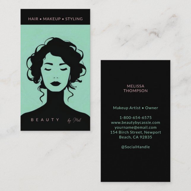 Modern Beauty Makeup Hair Nails Mint & Pink Black Business Card (Front/Back)