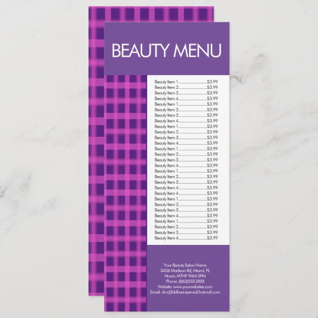Modern Beauty Makeup Purple Pink Gingham Menu (Front/Back)