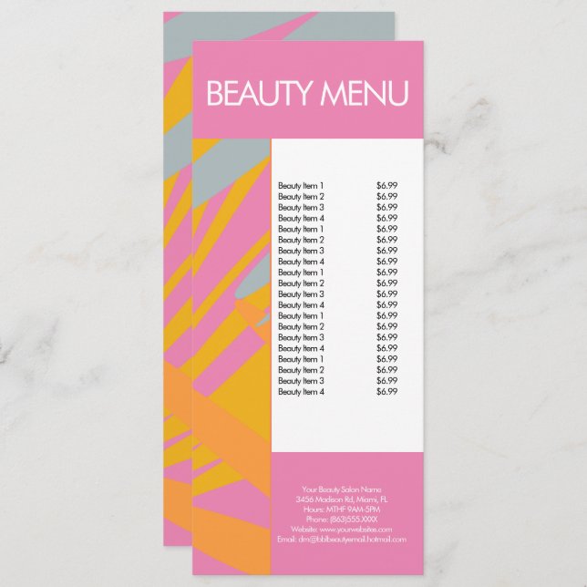 Modern Beauty Makeup Tropical Pattern Pink Menu (Front/Back)