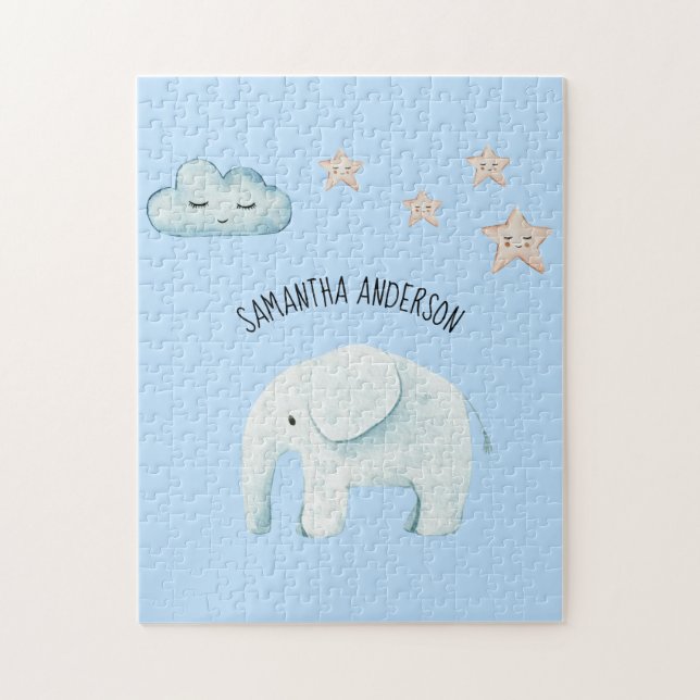 Modern Beauty Pastel Blue Elephant & Stars Kid Jigsaw Puzzle (Vertical)
