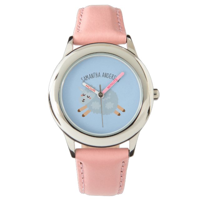 Modern Beauty Pastel Blue Sheep And Kid Name Watch (Front)