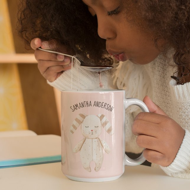 Modern Beauty Pastel Pink Bunny With Name Two-Tone Coffee Mug (Creator Uploaded)