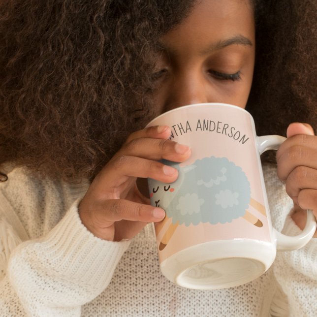Modern Beauty Pastel Pink Sheep And Kid Name Two-Tone Coffee Mug (Creator Uploaded)