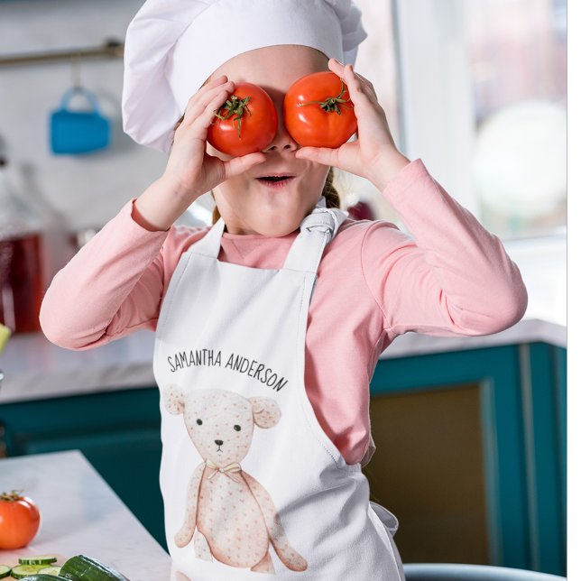 Modern Beauty Pastel Pink Teddy Bear With Name Kids Apron (Creator Uploaded)