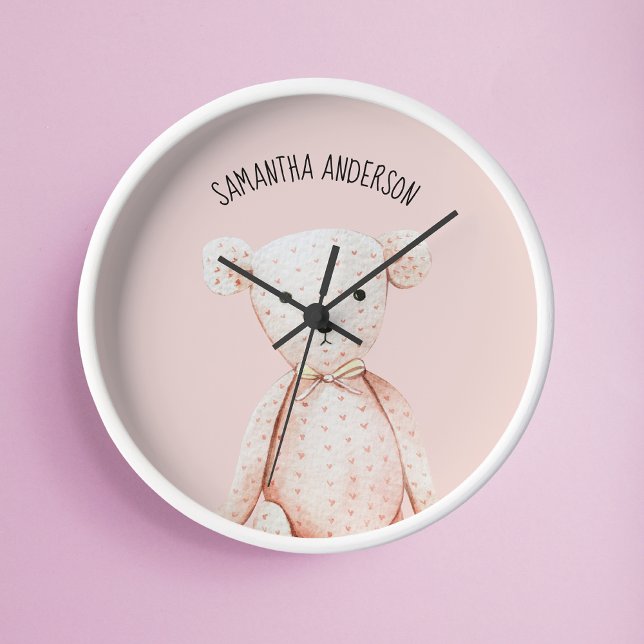 Modern Beauty Pastel Pink Teddy Bear With Name Round Clock (Creator Uploaded)