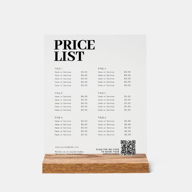 Modern Beauty Price List Menu Small Business Acrylic Sign (Front)