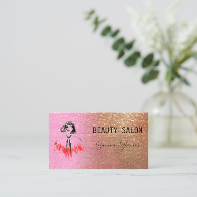 Modern Beauty Salon Glitter Gold Pink Business Card (Standing Front)