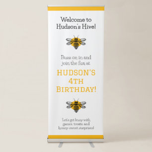 Modern Bee Day Yellow Honeycomb 4th Birthday Party Retractable Banner