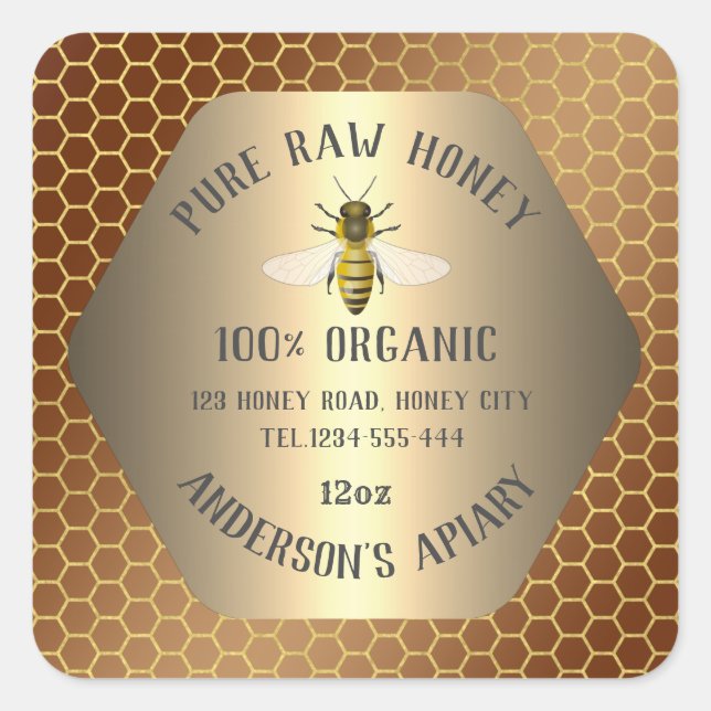 Modern bee honey comb honey jar square sticker (Front)