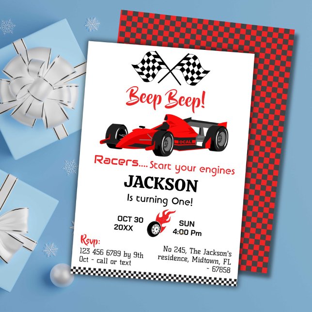 Modern beep beep red race sports car 1st birthday invitation (Creator Uploaded)