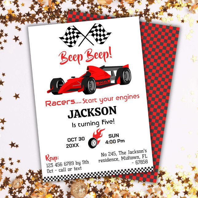 Modern beep beep red race sports car 5th birthday invitation (Creator Uploaded)