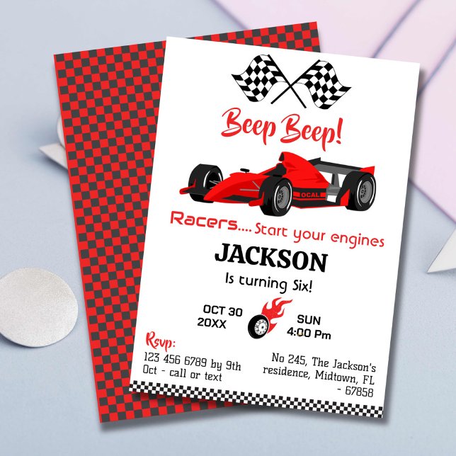 Modern beep beep red race sports car 6th birthday invitation (Creator Uploaded)