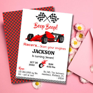 Modern beep beep red race sports car 7th birthday invitation