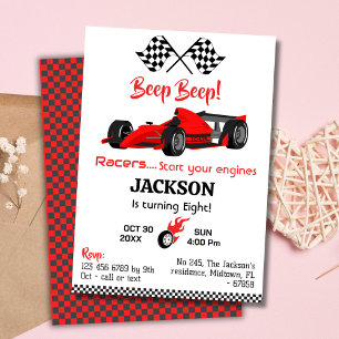 Modern beep beep red race sports car 8th birthday invitation
