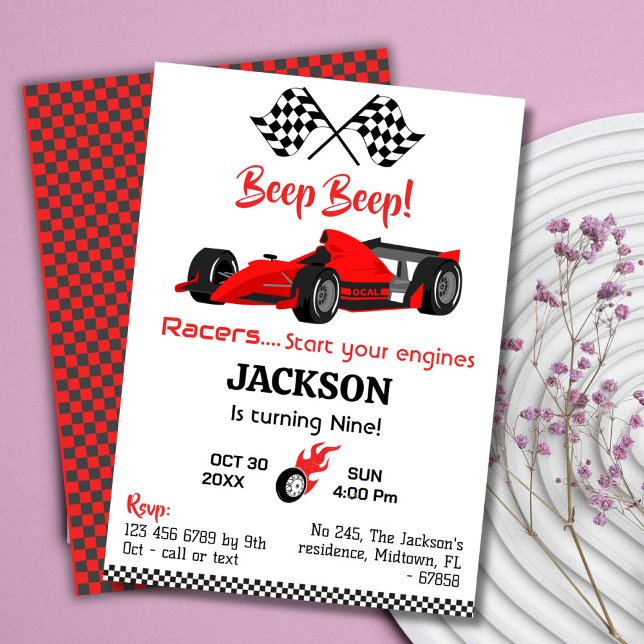 Modern beep beep red race sports car 9th birthday invitation (Creator Uploaded)
