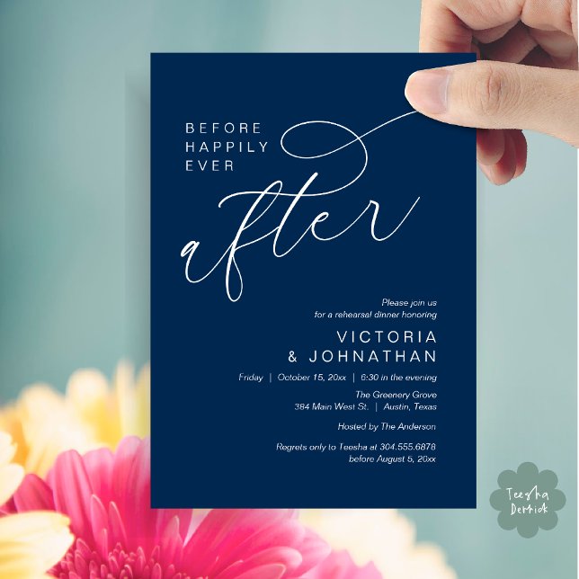 Modern Before Happily Ever After Rehearsal Dinner Invitation (Modern Before Happily Ever After Romantic Rehearsal Dinner Invites Card PDF Aesthetic navy Blue)