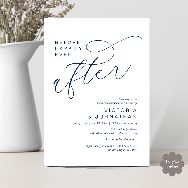Modern Before Happily Ever After Rehearsal Dinner Invitation (Modern Before Happily Ever After Romantic Rehearsal Dinner Invites Card PDF Aesthetic navy Blue)