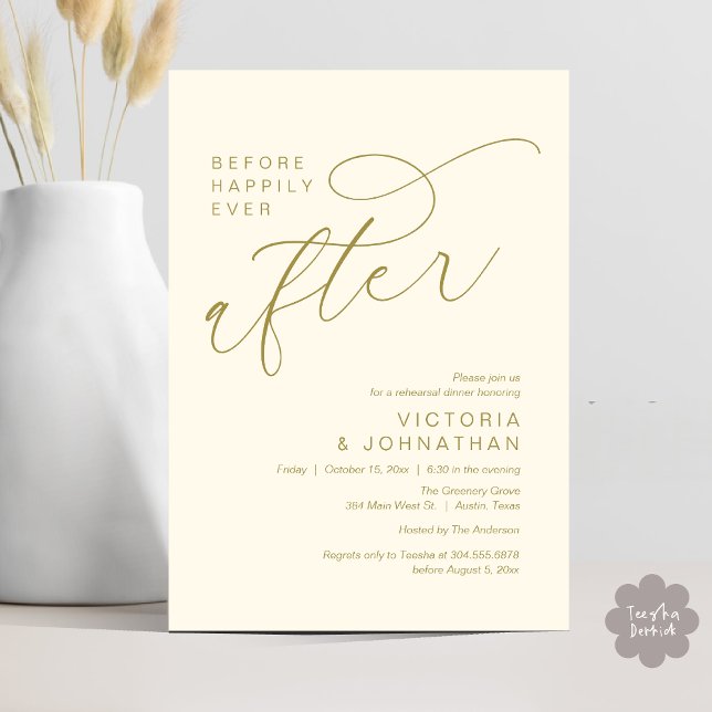 Modern Before Happily Ever After Rehearsal Dinner Invitation (Modern Before Happily Ever After Romantic Rehearsal Dinner Invites Card PDF Aesthetic Yellow Gold)
